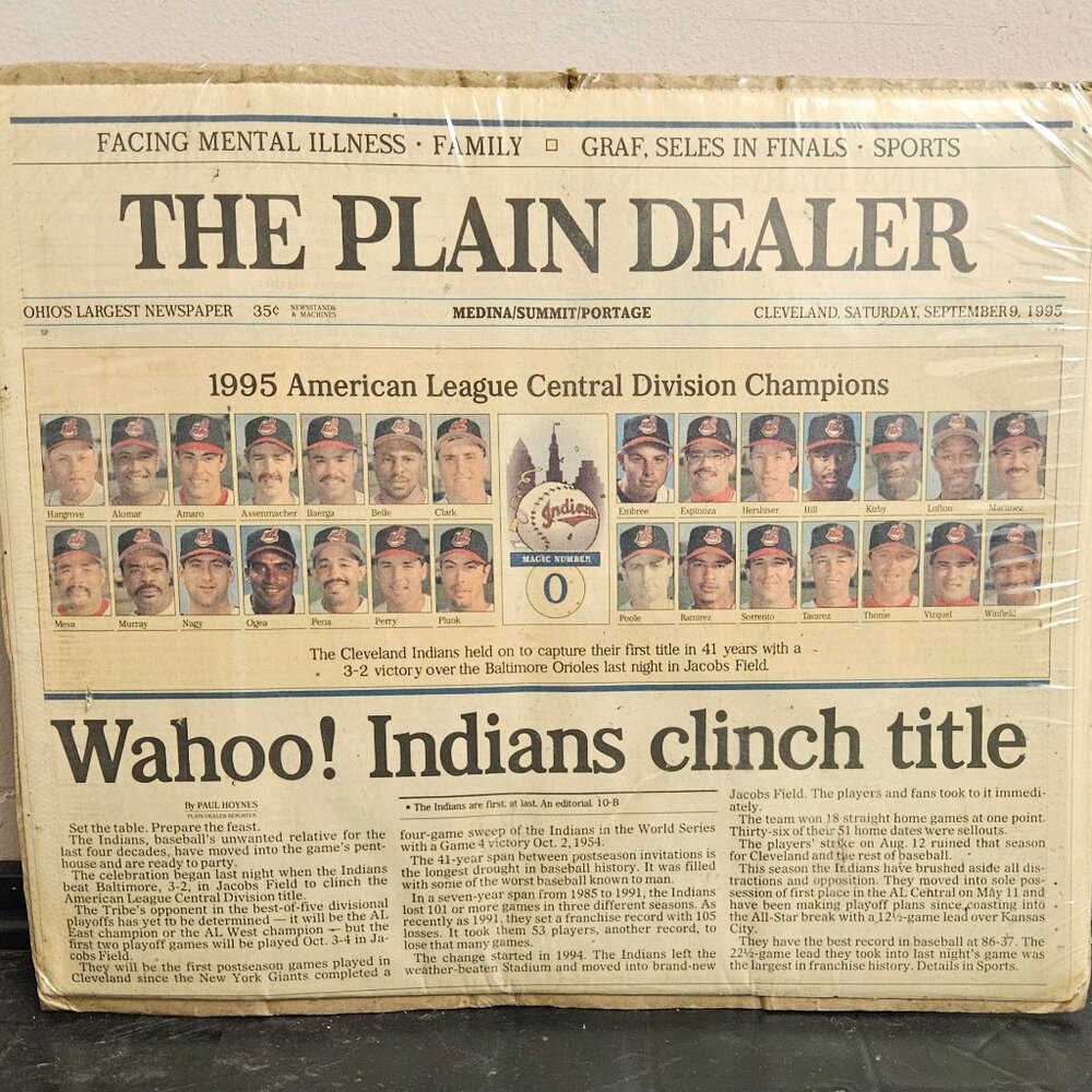 VINTAGE 09-25-1995 CLEVELAND INDIANS WIN THE TITLE NEWSPAPER